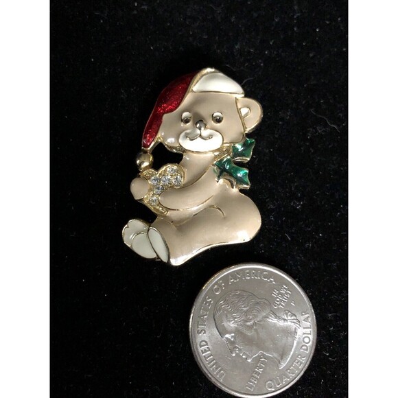 Vintage signed SFJ Christmas Teddy Bear Brooch/Pin Rhinestone & Enamel EC - Picture 3 of 6